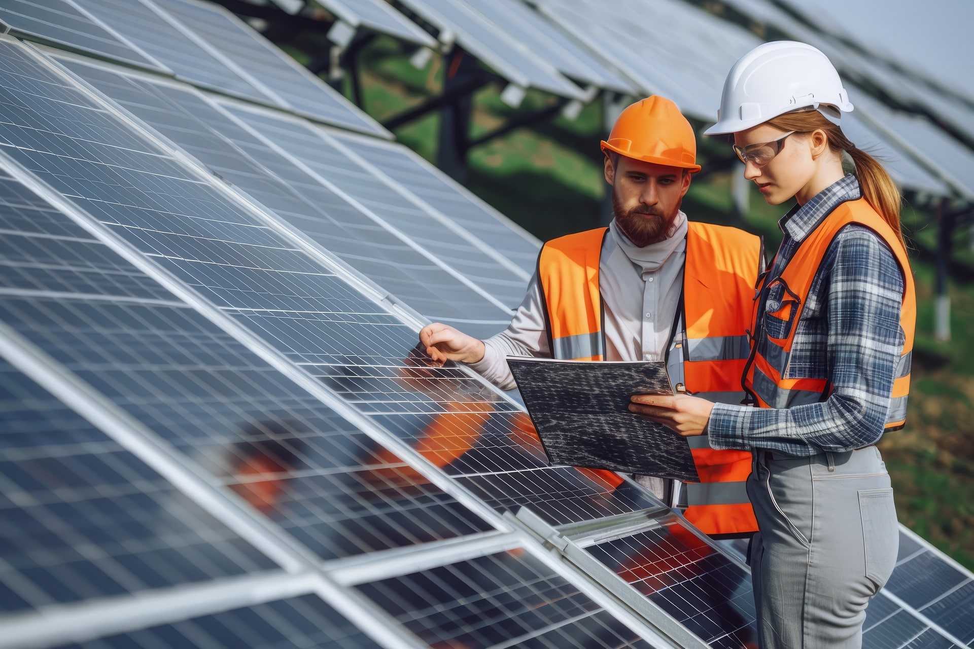Two professional solar installers inspecting solar panels on-site, ensuring the efficiency and functionality of a well-designed solar system.